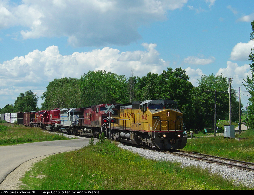 UP 9446 piloting a CP detour over Door Creek Rd.